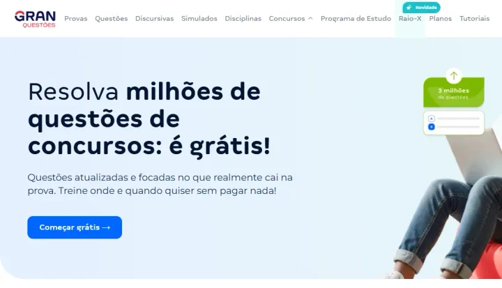 Gran Questões homepage offering millions of free practice questions.